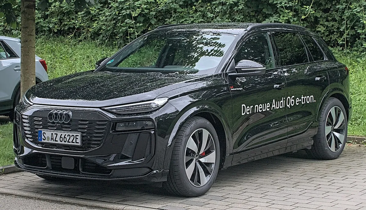 Audi Q6 e-tron electric SUV viewed from the front and side