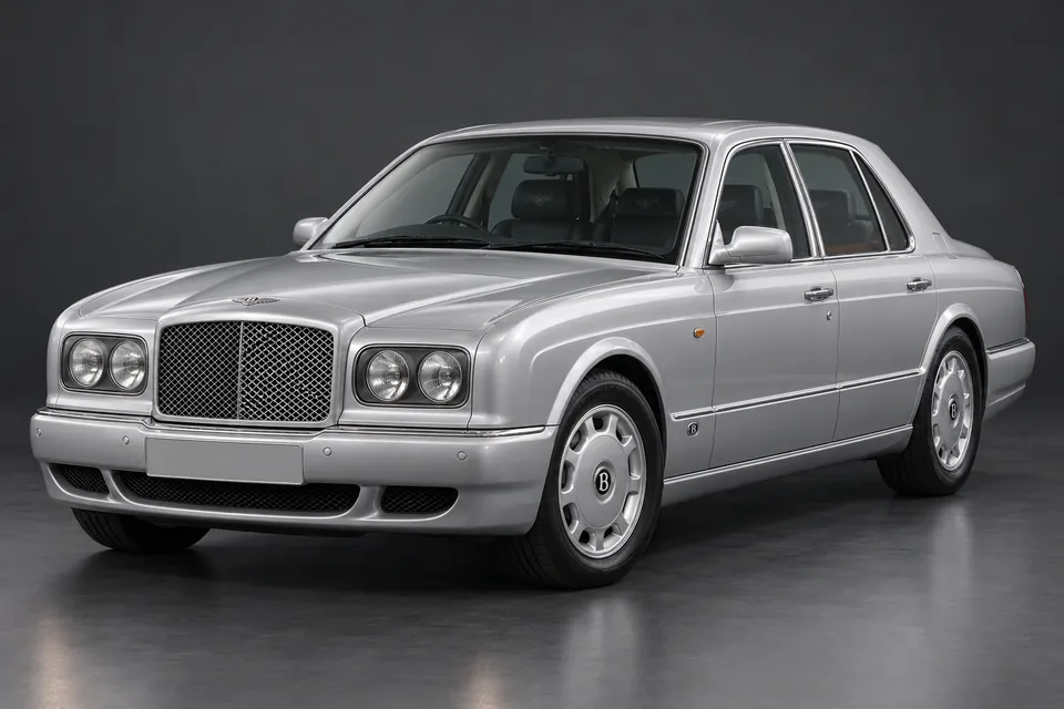 AI-generated studio illustration of a 1999 Bentley Arnage Green Label, front-left three-quarter view.