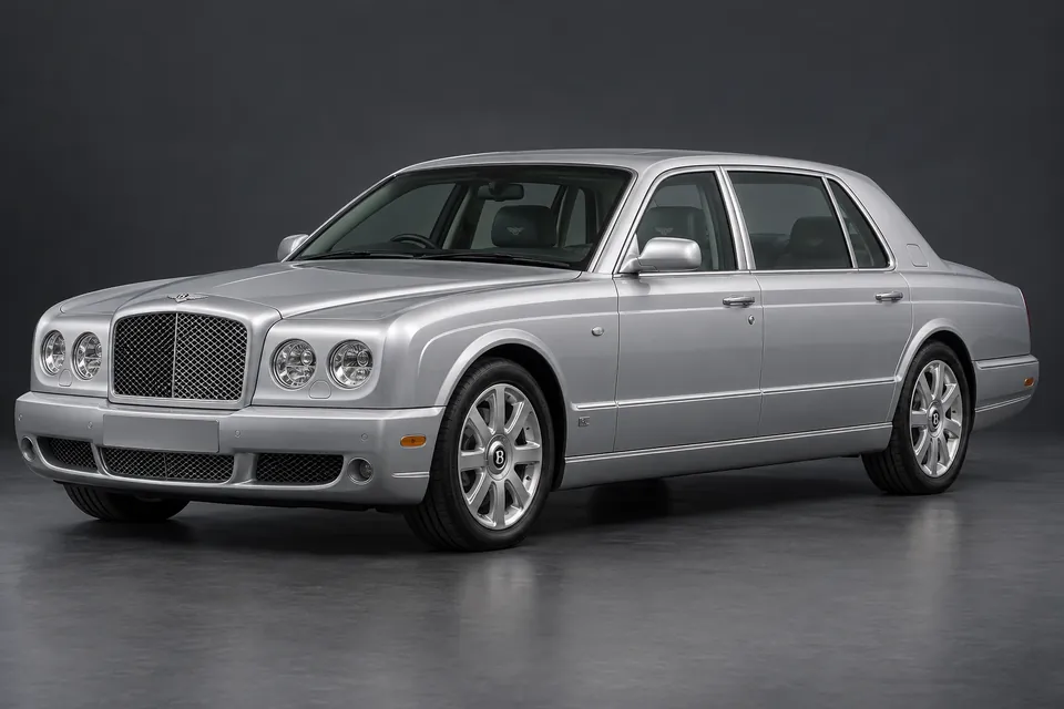 AI-generated studio illustration of a 2006 Bentley Arnage RL extended wheelbase, front-left three-quarter view.