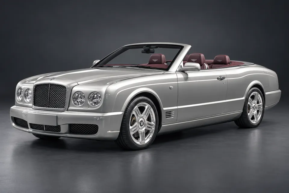AI-generated studio illustration of a 2010 Bentley Azure T second-generation four-seat convertible, roof lowered, front-left three-quarter view.