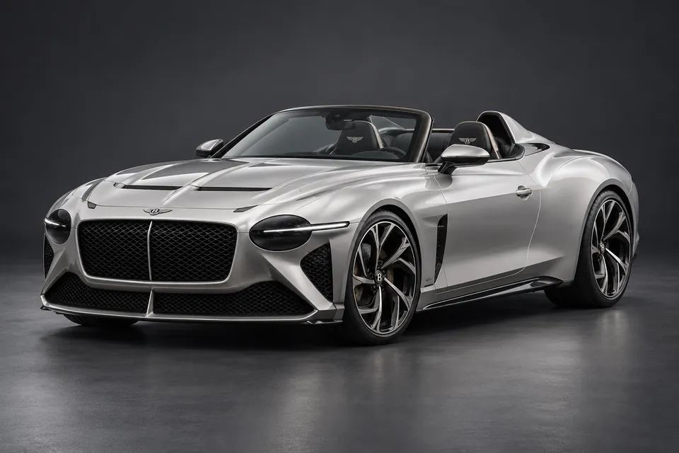 AI-generated studio illustration of a 2021 Bentley Bacalar by Mulliner, front-left three-quarter view.