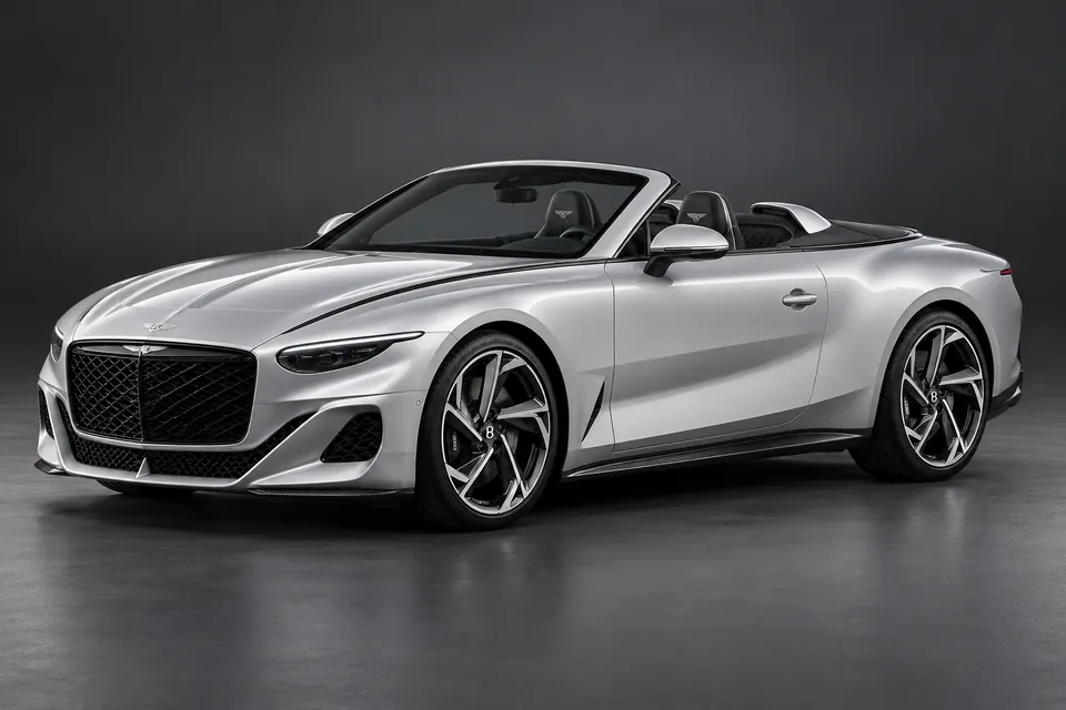 AI-generated studio illustration of a 2024 Bentley Batur Convertible by Mulliner, front-left three-quarter view.