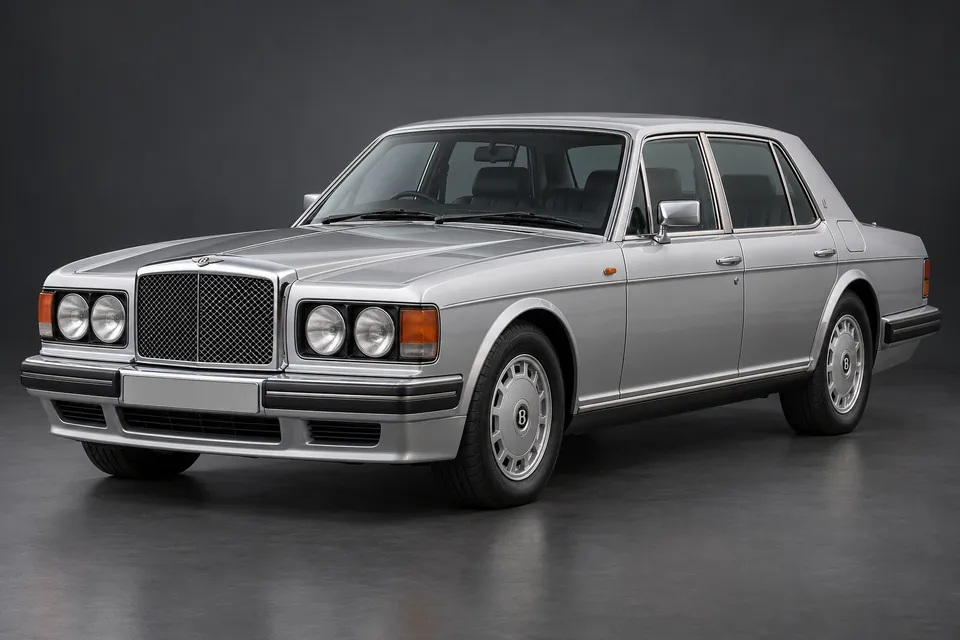 AI-generated studio illustration of a 1994 Bentley Brooklands saloon, front-left three-quarter view.