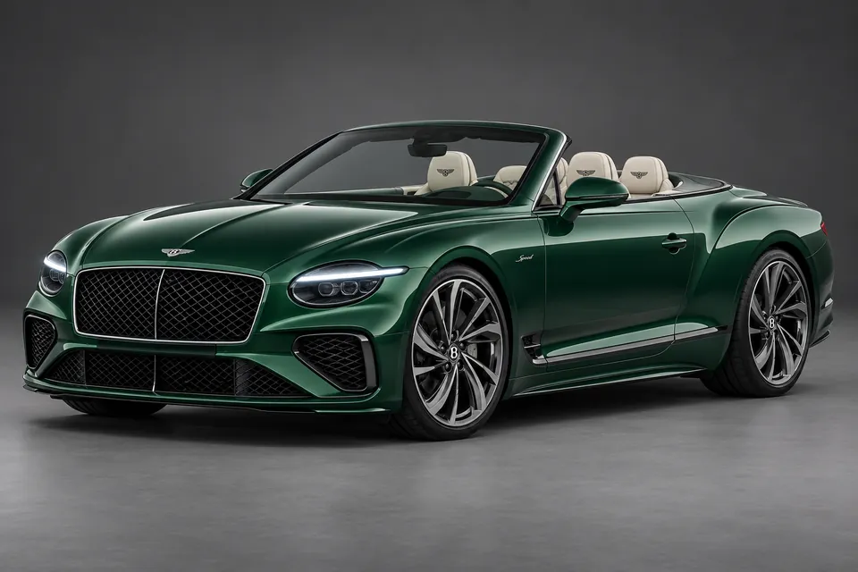 AI-generated illustration of a 2025 Bentley Continental GTC Speed V8 plug-in hybrid convertible in front-left three-quarter view.