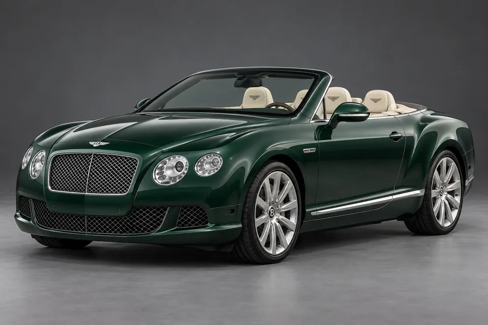 AI-generated illustration of a 2012 Bentley Continental GTC W12 second-generation convertible in front-left three-quarter view.