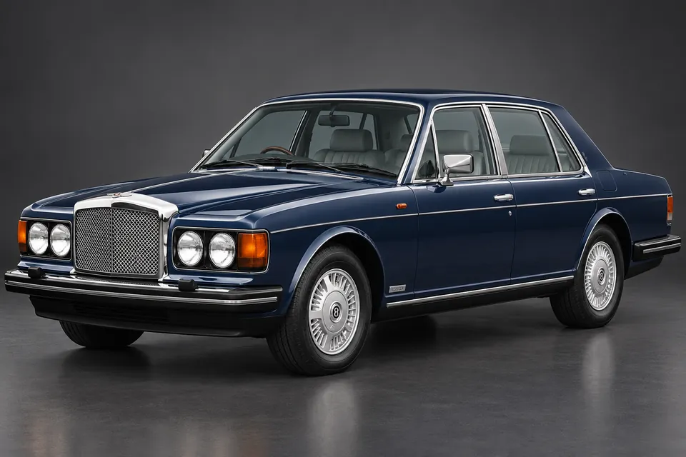 AI-generated studio illustration of a 1983 Bentley Mulsanne classic generation, front-left three-quarter view.