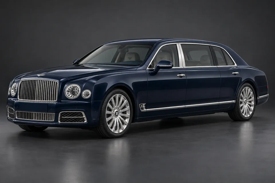 AI-generated studio illustration of a 2017 Bentley Mulsanne Extended Wheelbase, front-left three-quarter view.