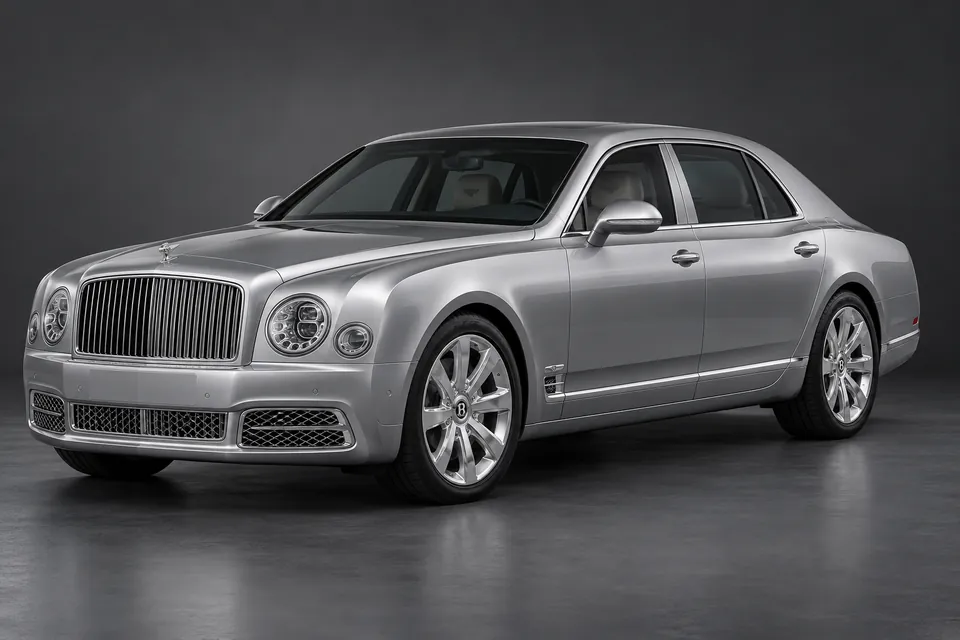 AI-generated studio illustration of a 2017 Bentley Mulsanne modern generation, front-left three-quarter view.