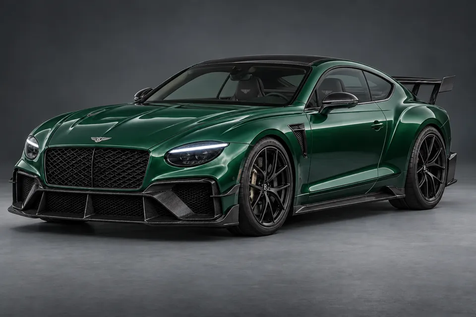 AI-generated illustration of a 2026 Bentley Supersports V8 pre-production coupe in front-left three-quarter view.