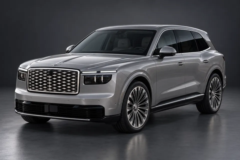AI-generated studio illustration of a 2026 Bentley Torcal with Bright Design Specification, front-left three-quarter view.