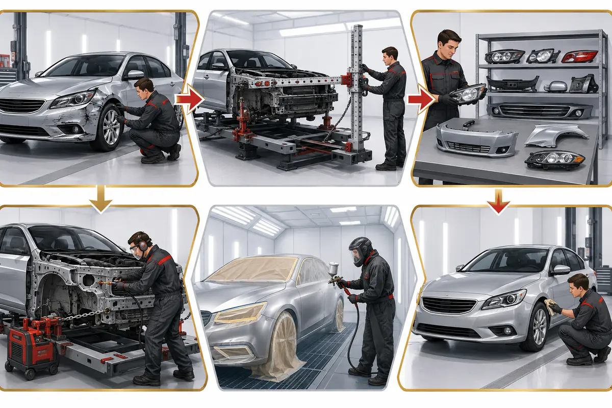 Illustrated accident repair workflow from damage inspection and body repair to painting and quality checks