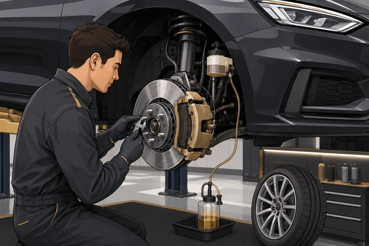 Illustrated car brake service showing disc, caliper, pads, brake fluid and technician inspection
