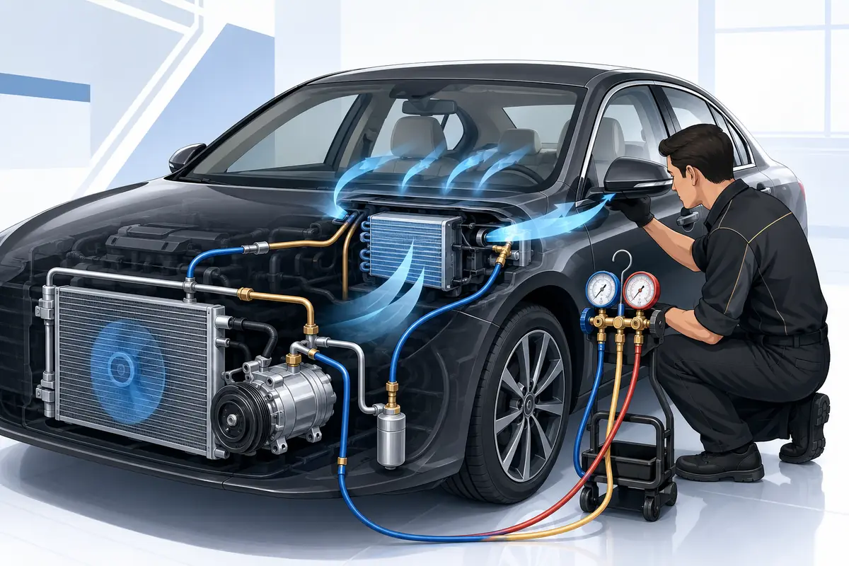 Illustrated car air-conditioning service showing compressor, refrigerant lines, airflow and pressure testing