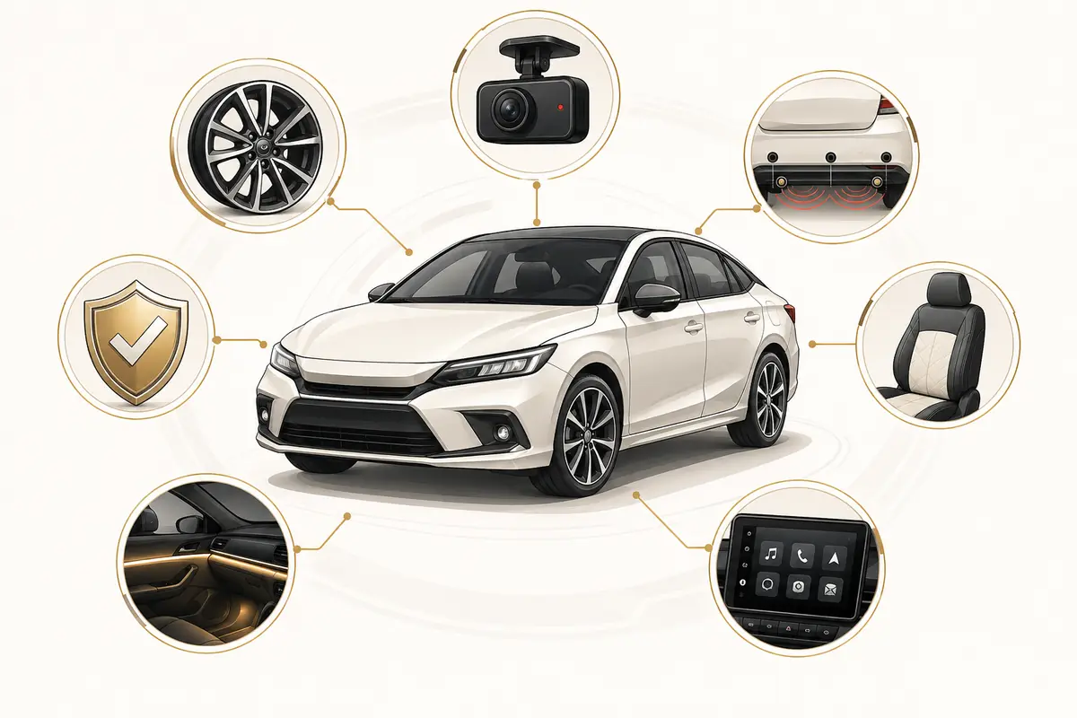 Illustrated responsible car accessories guide showing practical interior and exterior upgrade choices