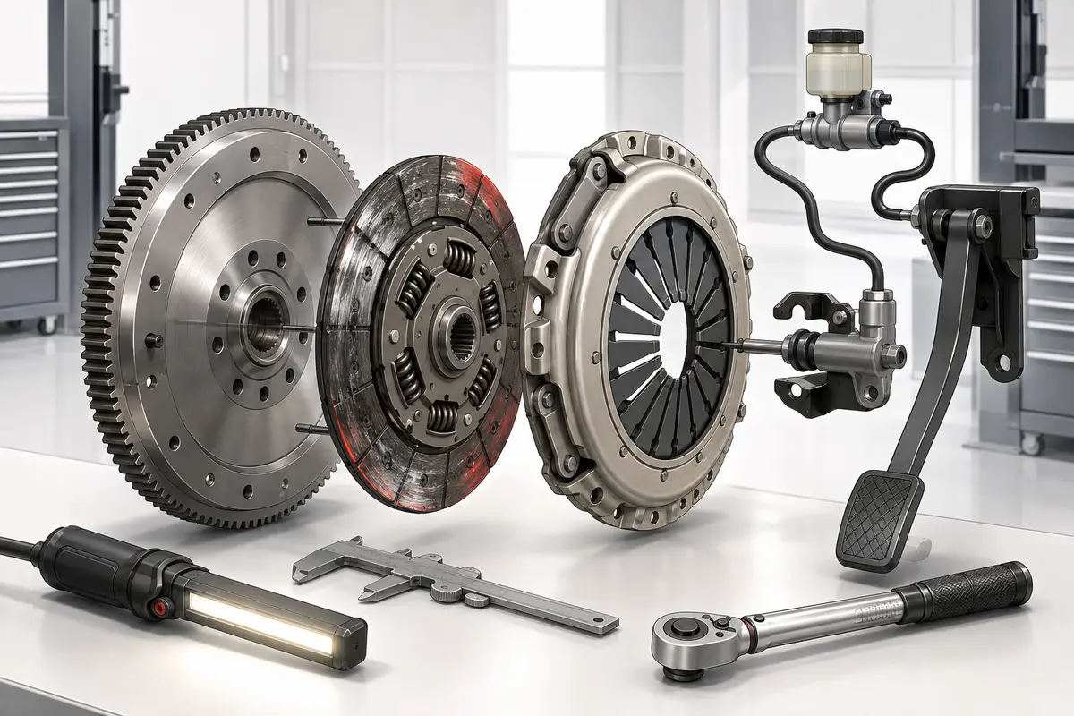 Illustrated clutch service components including flywheel, friction plate, pressure plate and release system
