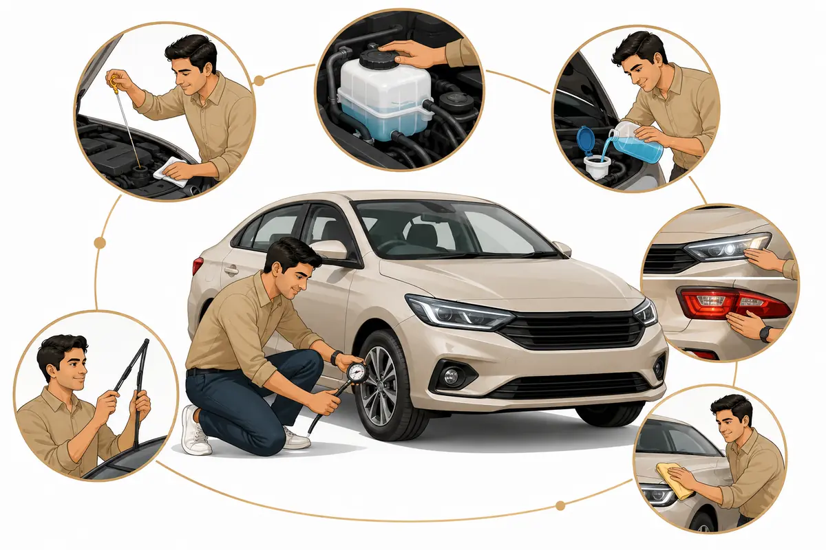 Illustrated customer car-care checks for tyres, fluids, warning lights, battery and routine maintenance