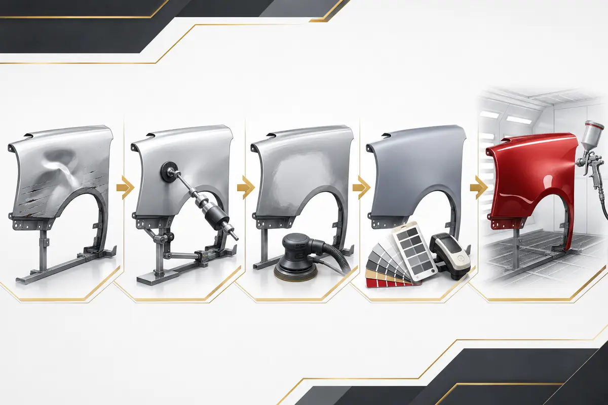 Illustrated denting and painting workflow from panel repair and sanding to primer and paint finish