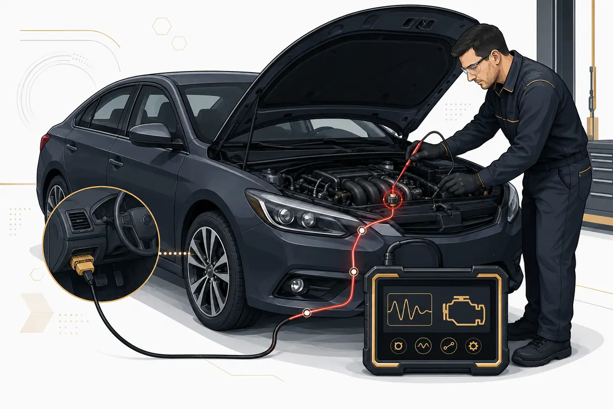 Illustrated car diagnostics scan showing an OBD tool connected to vehicle systems in a workshop
