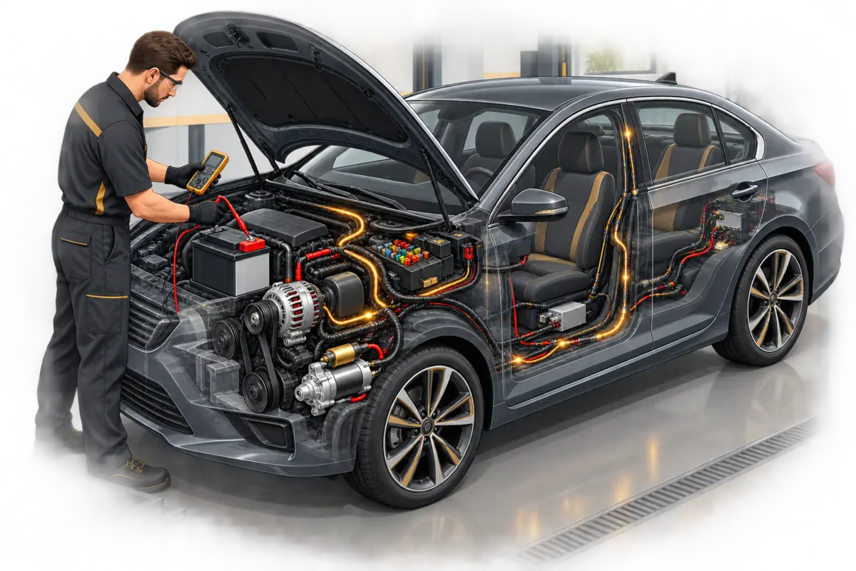 Illustrated automotive electrical diagnosis showing battery, alternator, wiring and test equipment