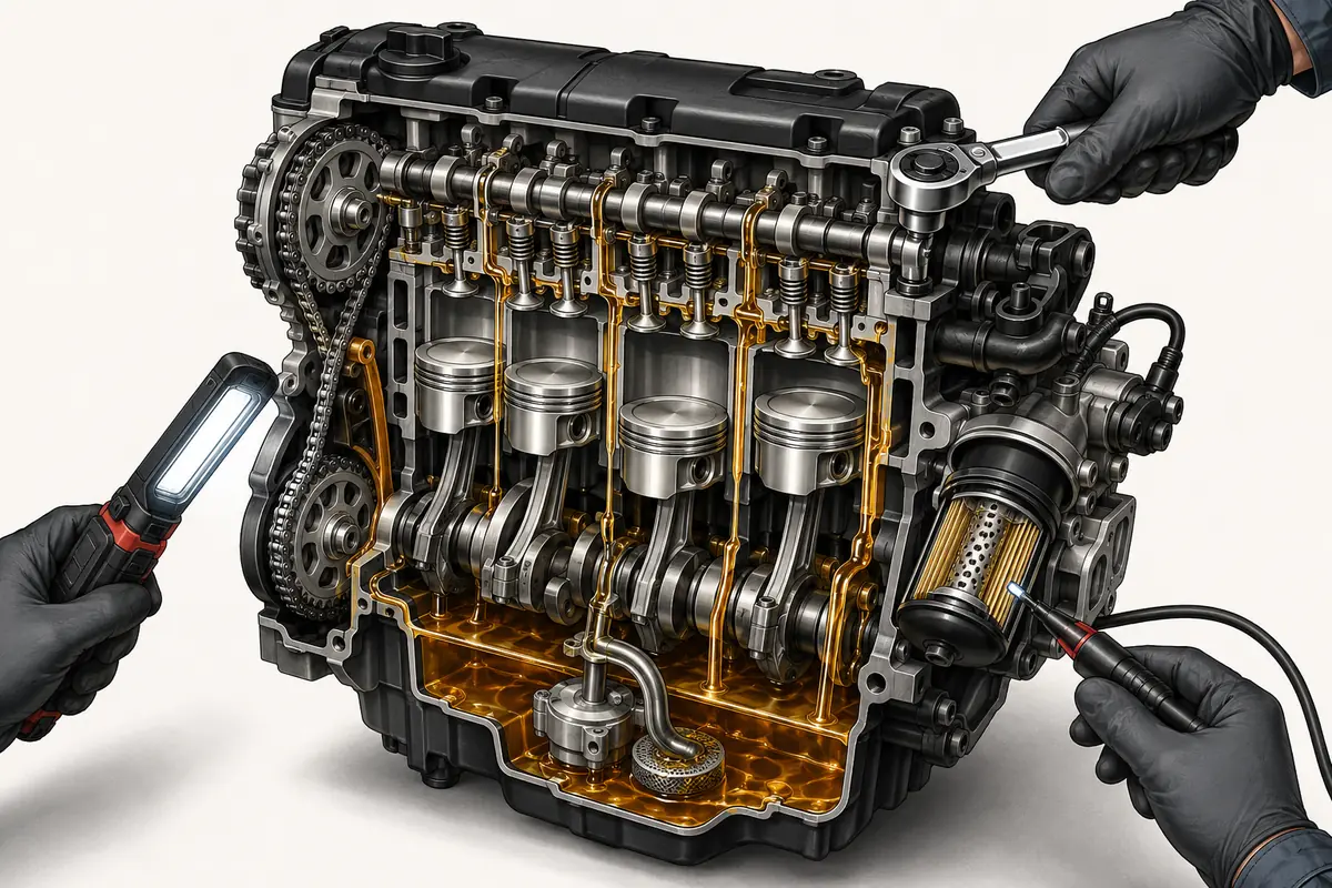 Illustrated car engine inspection showing internal components, lubrication and professional diagnostic checks