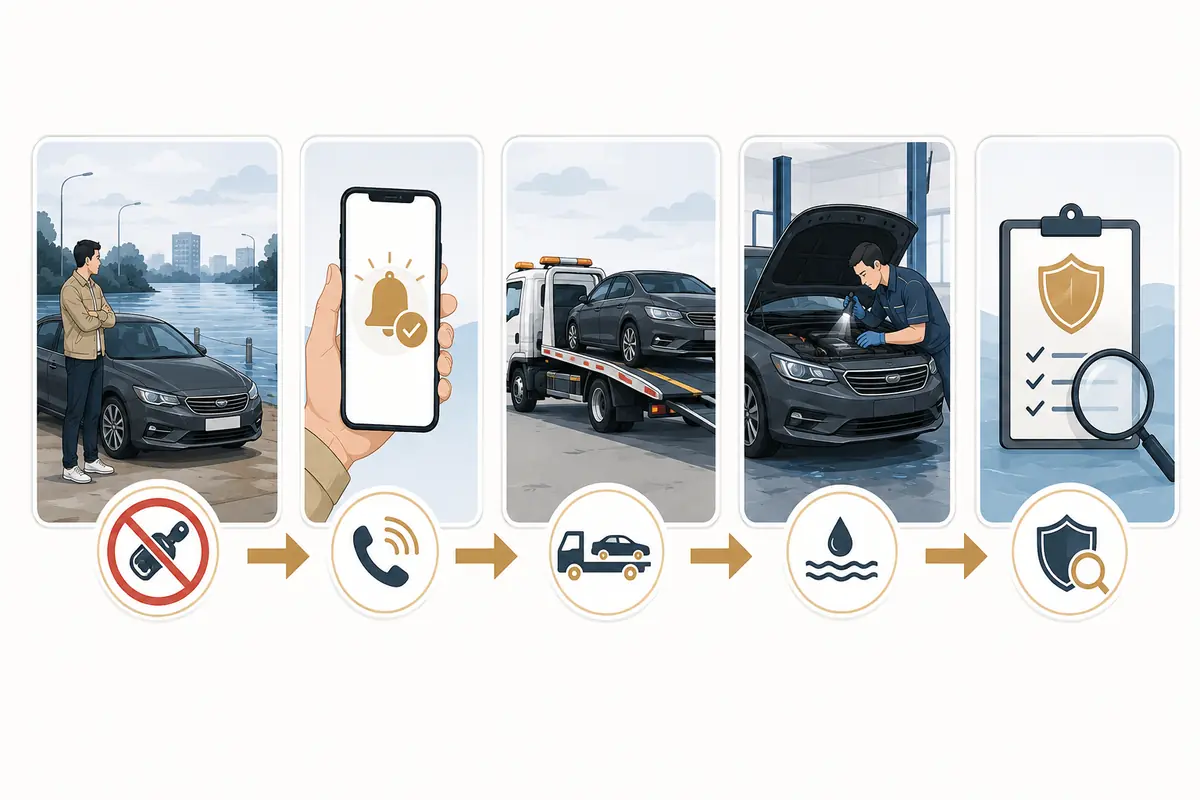 Illustrated flood and waterlogging motor claim steps including safe recovery, reporting and inspection