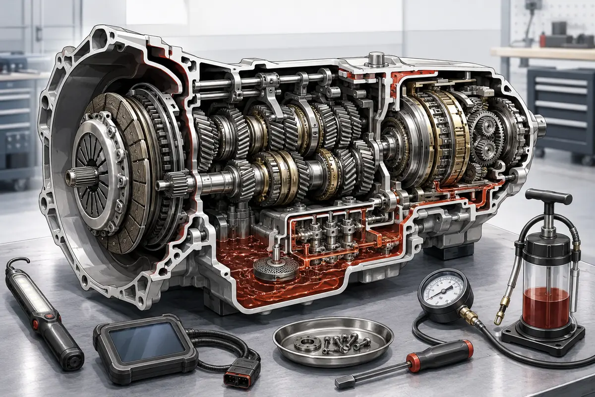 Illustrated automatic gearbox cutaway with gears, transmission fluid and workshop inspection tools