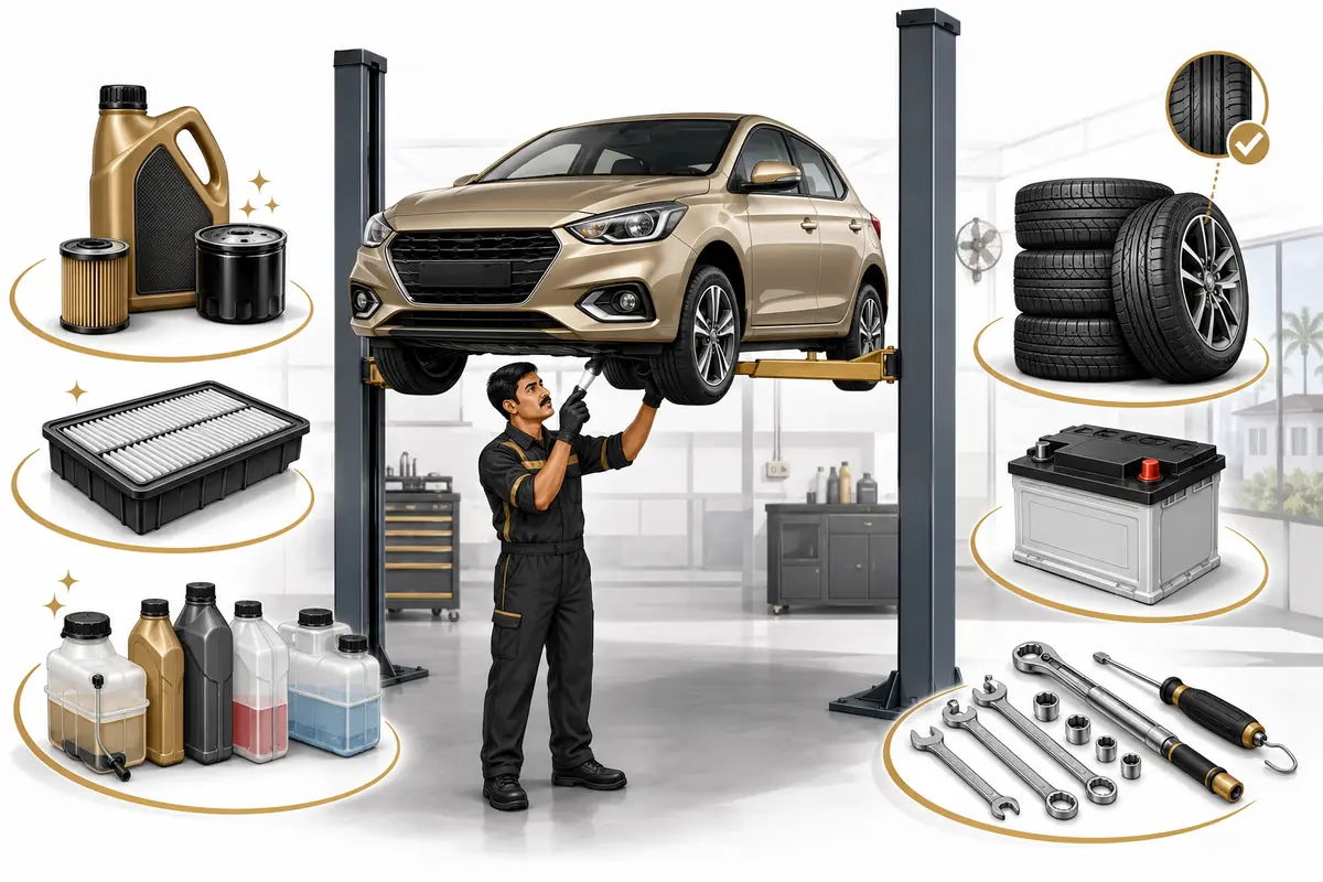 Illustrated multi-brand car maintenance visit with fluid, tyre, battery and safety inspections