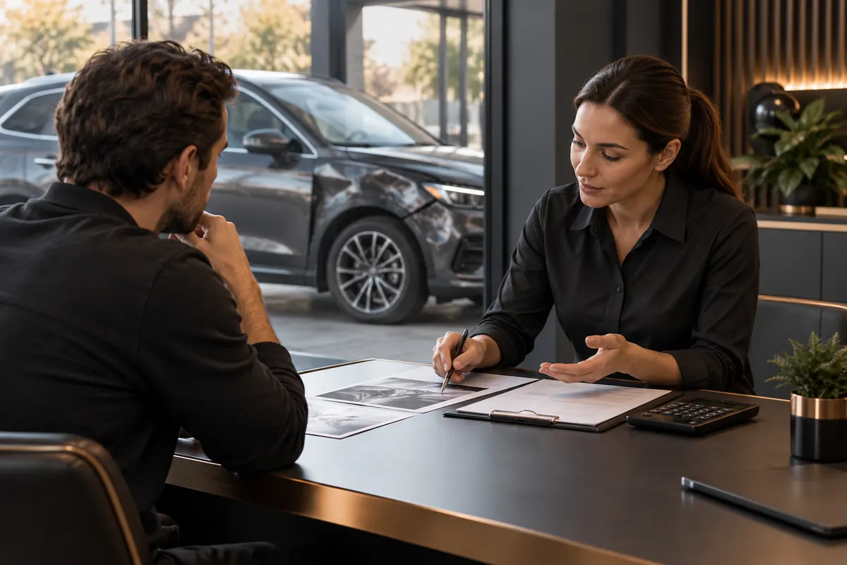 AI illustration of a vehicle owner and service advisor discussing accident paperwork.