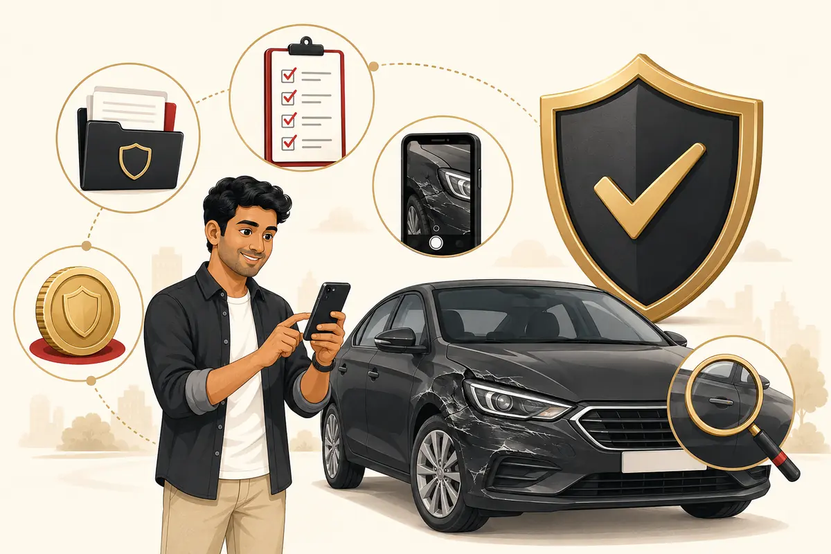 Illustrated motor insurance awareness guide showing policy review, vehicle inspection and claim decision factors