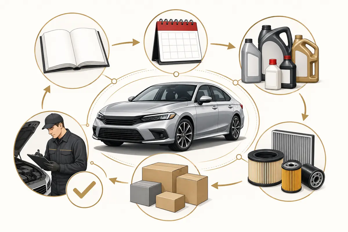 Illustrated OEM maintenance guidance showing service schedule, approved fluids, filters and replacement parts
