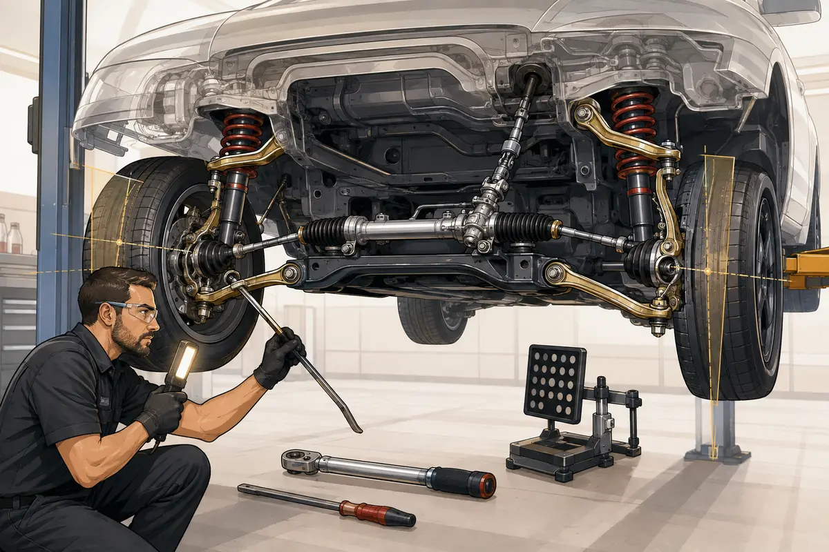 Illustrated steering and suspension inspection showing rack, tie rods, control arms, springs and alignment