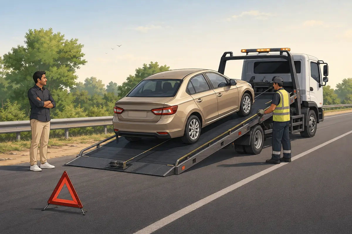Illustrated safe roadside towing procedure with a vehicle loaded onto a flatbed recovery truck