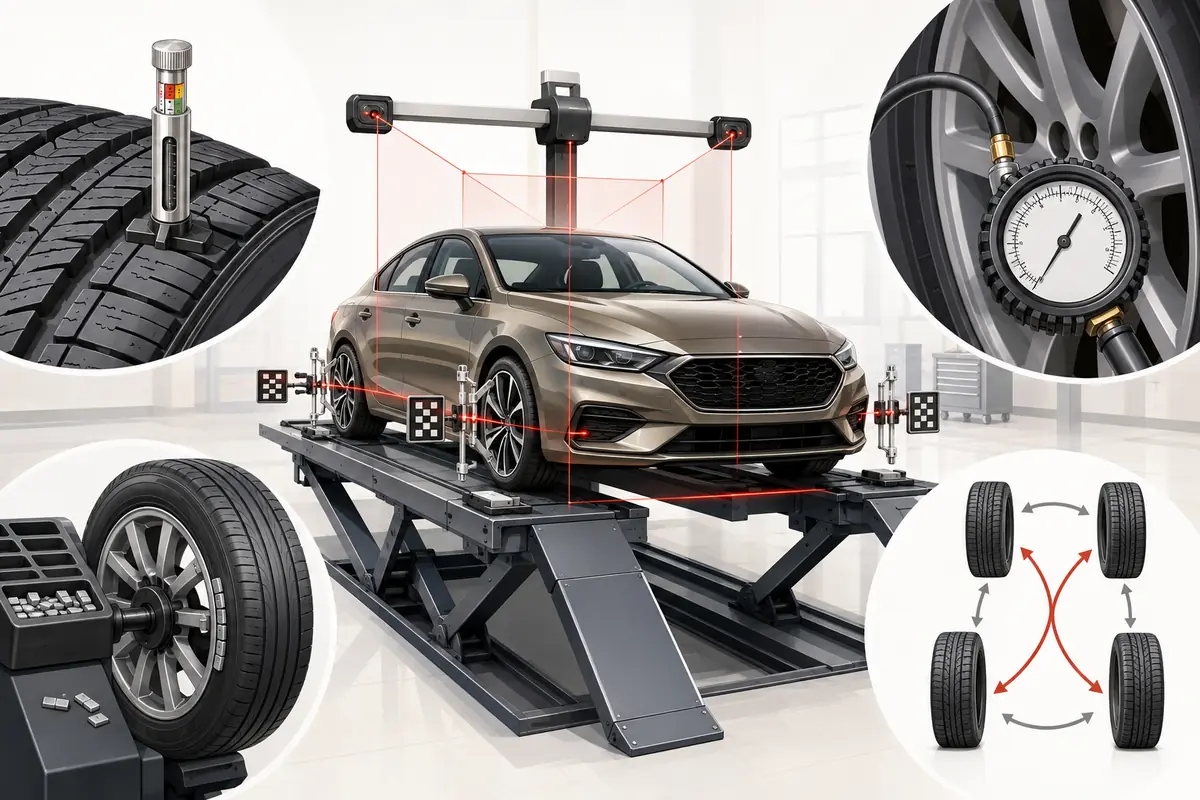 Illustrated tyre and wheel care showing tread depth, pressure, balancing, rotation and four-wheel alignment
