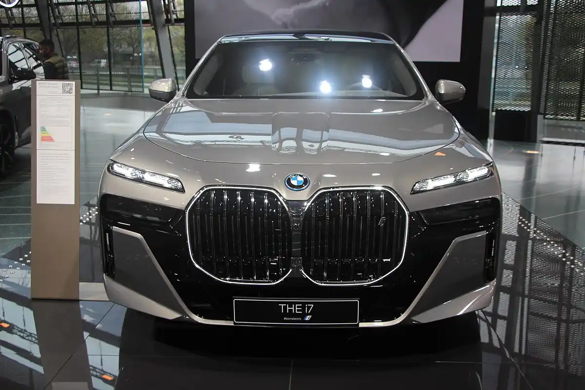 BMW i7 xDrive60 displayed at BMW Welt in 2023 exterior reference photograph