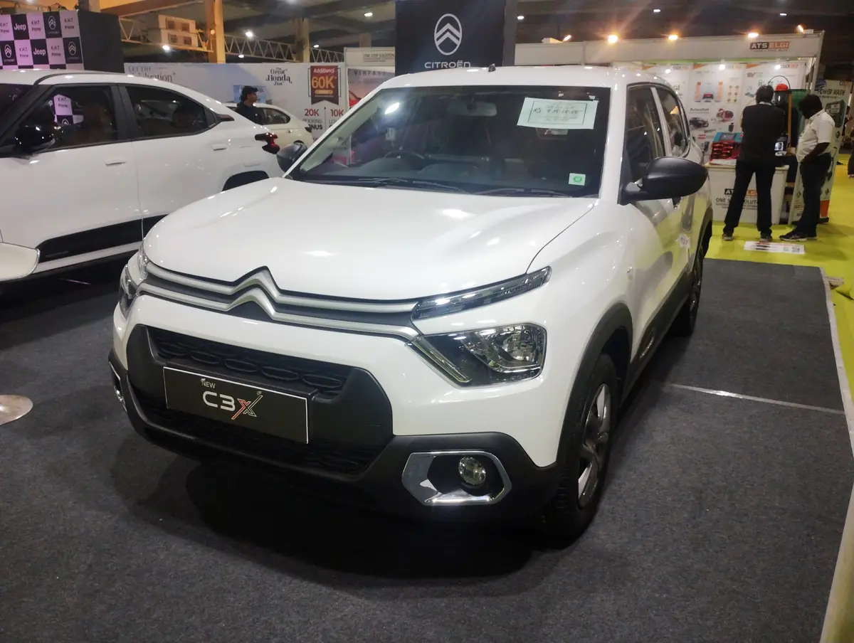 White Citroën C3X seen from the front and side at the Bangalore International Auto Show