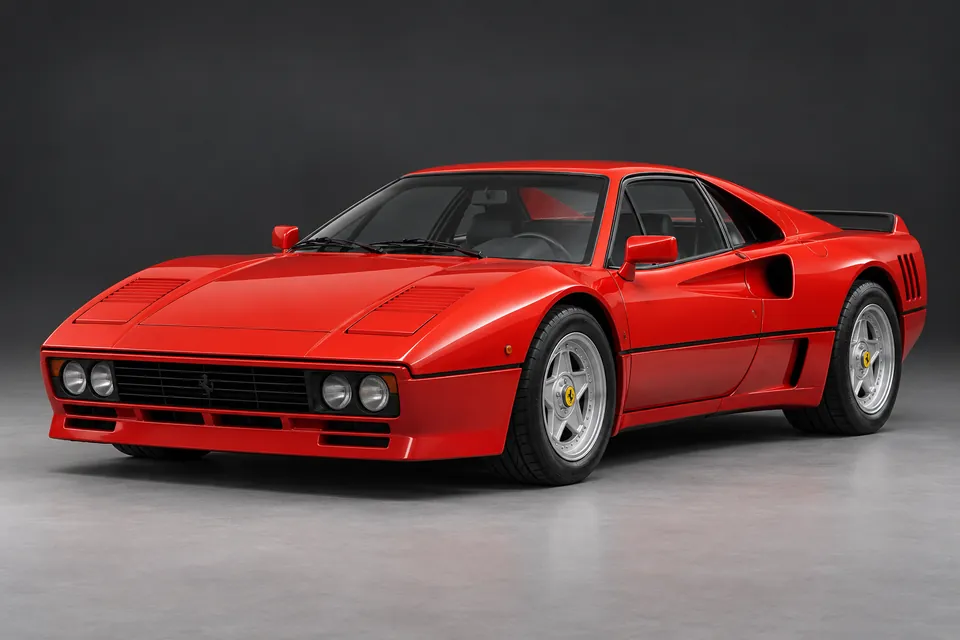 AI-generated illustration of Ferrari 288 GTO road-going coupé viewed from the front three-quarter angle.