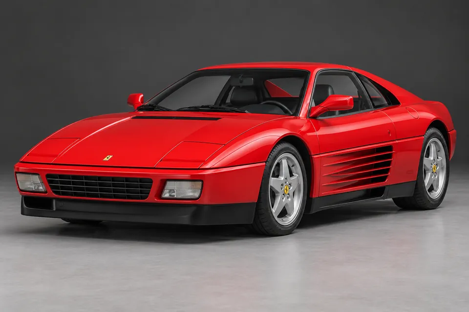 AI-generated illustration of early Ferrari 348 tb fixed-roof coupé viewed from the front three-quarter angle.