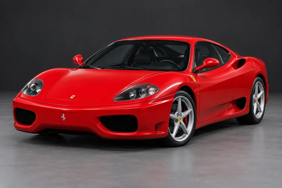 AI-generated illustration of Ferrari 360 Modena closed-roof coupé viewed from the front three-quarter angle.