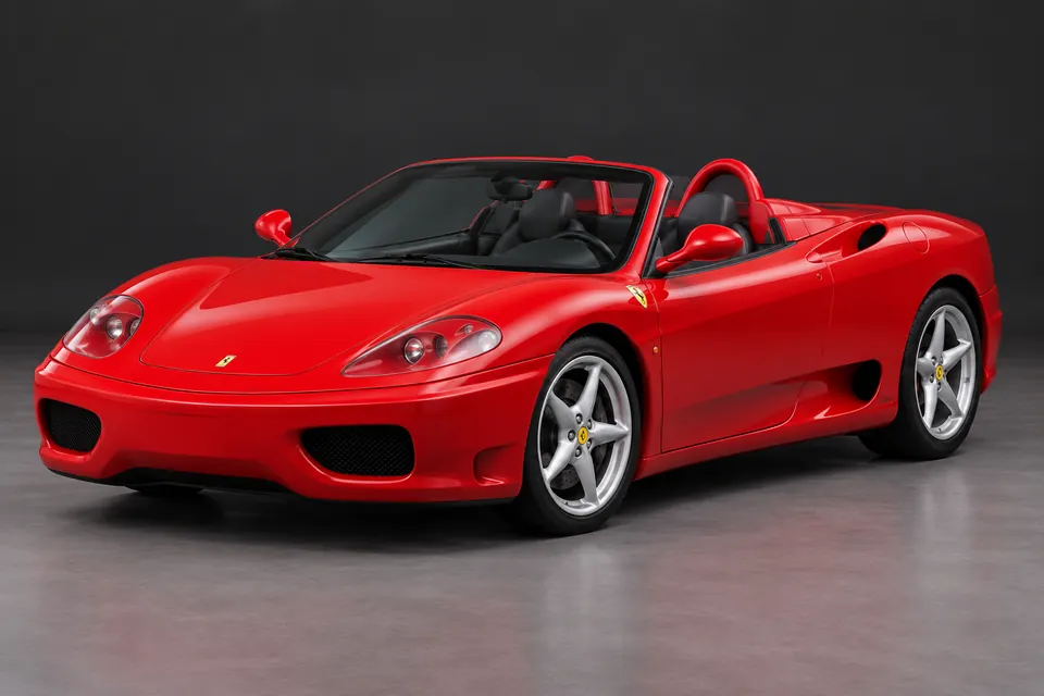 AI-generated illustration of Ferrari 360 Spider with its fabric roof lowered viewed from the front three-quarter angle.