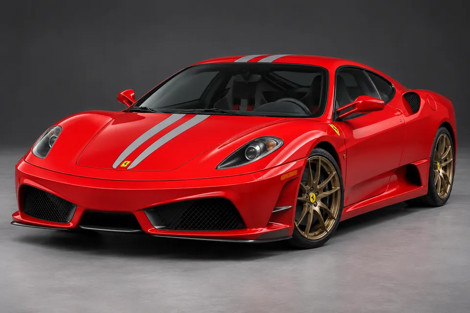 AI-generated illustration of Ferrari 430 Scuderia road-going coupé viewed from the front three-quarter angle.