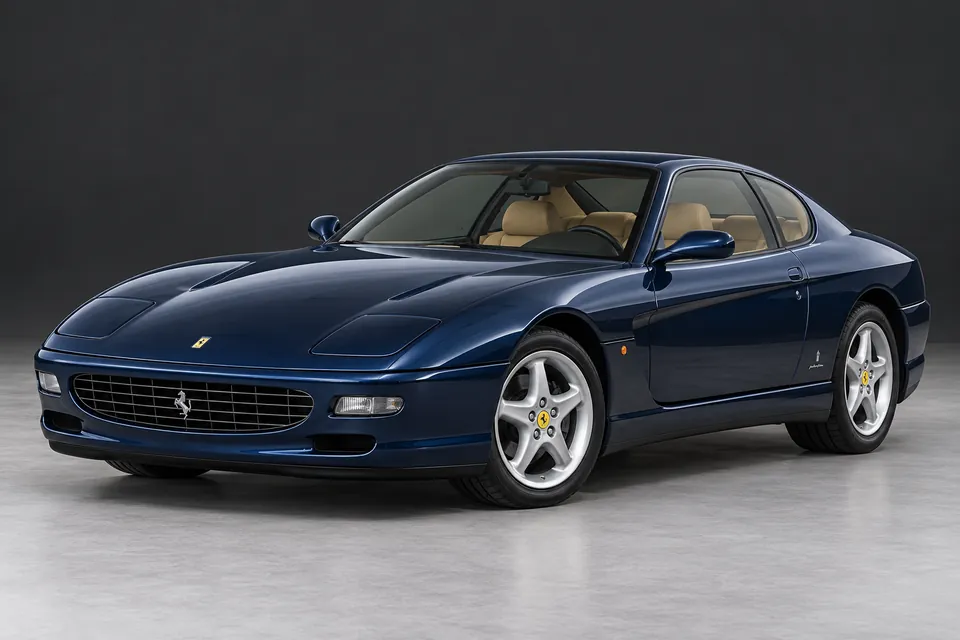AI-generated illustration of Ferrari 456 GT grand touring coupé in blue viewed from the front three-quarter angle.