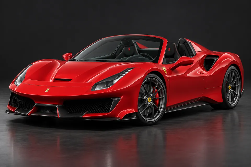 AI-generated front three-quarter illustration of Ferrari 488 pista spider.