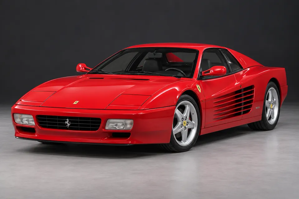 AI-generated illustration of Ferrari 512 TR coupé viewed from the front three-quarter angle.