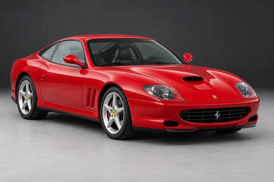 AI-generated illustration of Ferrari 550 Maranello coupé viewed from the front three-quarter angle.