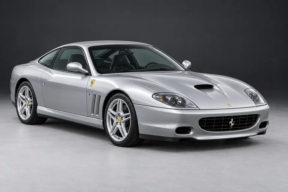 AI-generated illustration of Ferrari 575M Maranello coupé in silver viewed from the front three-quarter angle.
