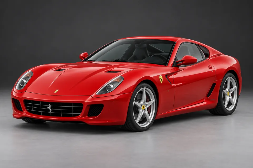 AI-generated illustration of Ferrari 599 GTB Fiorano coupé viewed from the front three-quarter angle.
