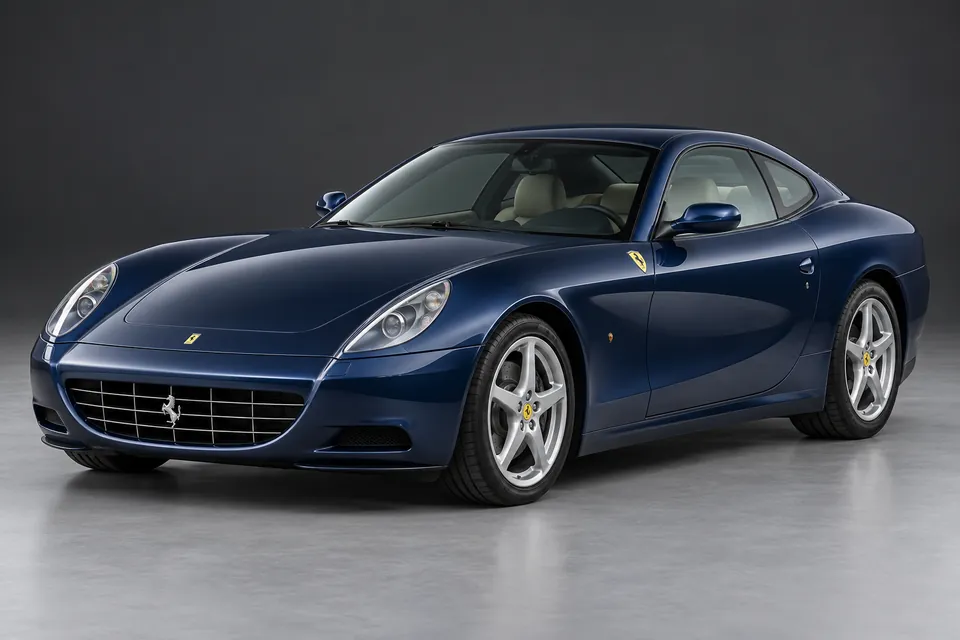 AI-generated illustration of Ferrari 612 Scaglietti grand touring coupé in blue viewed from the front three-quarter angle.