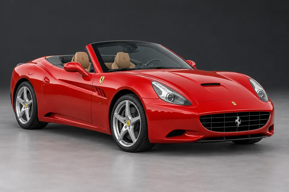 AI-generated illustration of 2008 Ferrari California with its retractable hardtop lowered viewed from the front three-quarter angle.