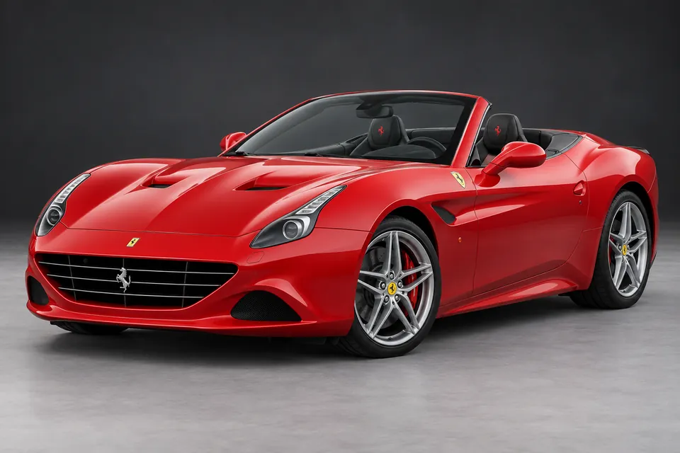 AI-generated illustration of Ferrari California T with its retractable hardtop lowered viewed from the front three-quarter angle.