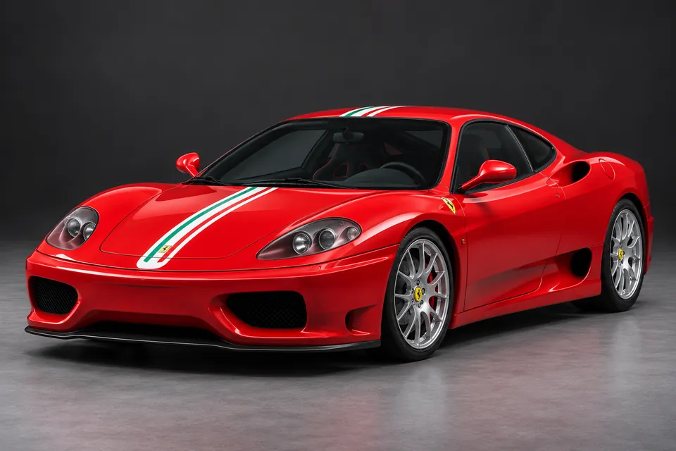 AI-generated illustration of road-going Ferrari Challenge Stradale coupé viewed from the front three-quarter angle.